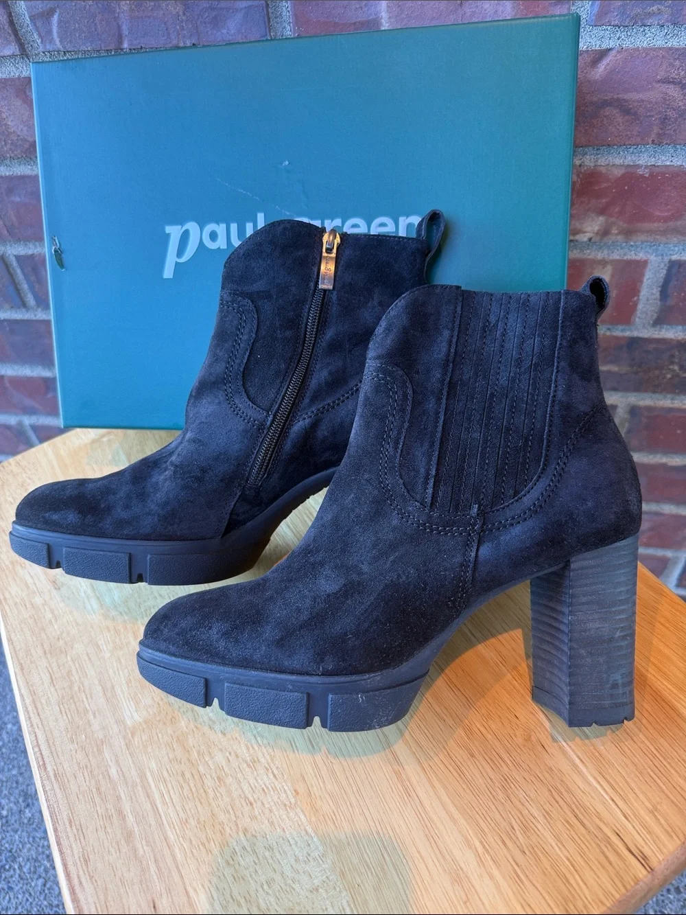 Paul Green Black Suede Ankle Booties with Block Heel